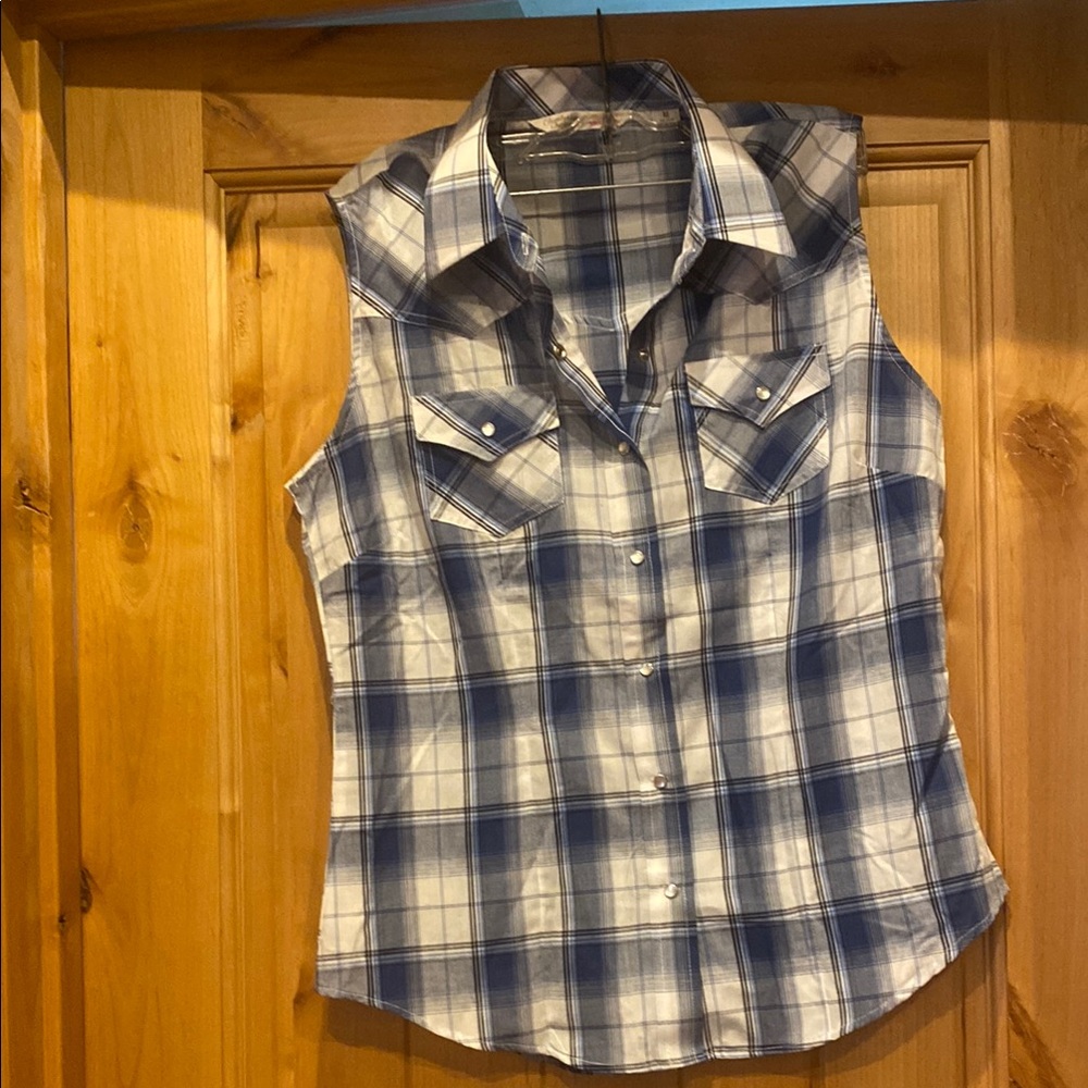 Blue and White Plaid Sleeveless Shirt